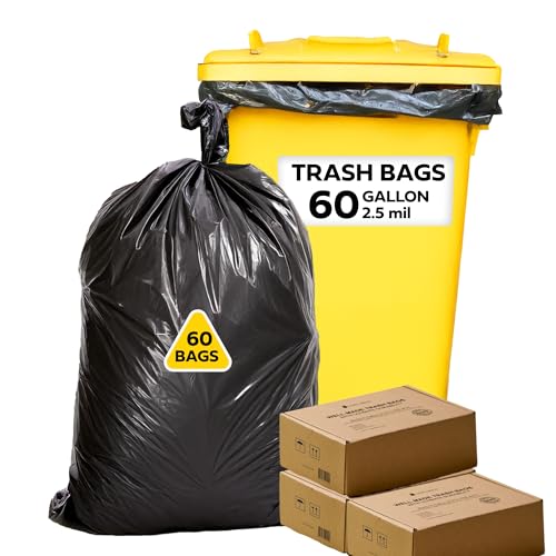 Lime Linen 60 Gallon Heavy Duty Contractor Xl Black Garbage Bags | Industrial, Construction & Yard Waste | Tear Resistant | 60 Pack, Extra Thick 2.5 Mil, Tie Bags, Interleaved On Roll Secure Closure - color: 60 Gallon, size: 1 Count (Pack of 60)