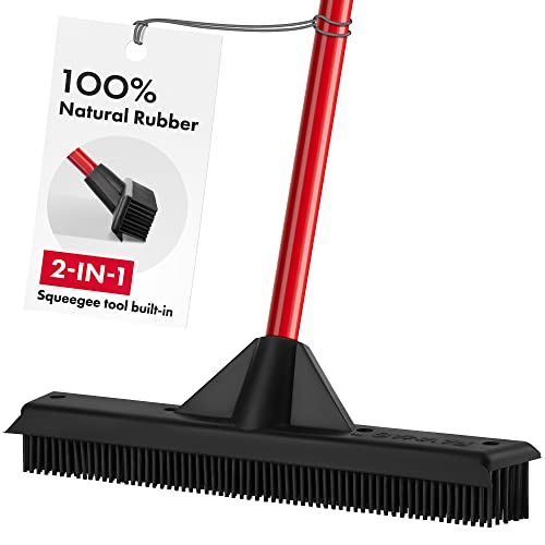 Pet Hair Remover Rubber Broom with Built in Squeegee - Carpet Rake for Pet Hair Removal on Hardwood Floor, Carpet & Tile - Picks Up More Dust & Debris - Rinse to Clean - size: 4 Piece Handle