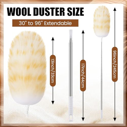 Remerry Extendable Lambswool Cleaning Duster 30-96 Inch, Wall Duster Cleaner with Stainless Steel Extension Pole for High Ceiling Fan, Interior, and Roof Dusting