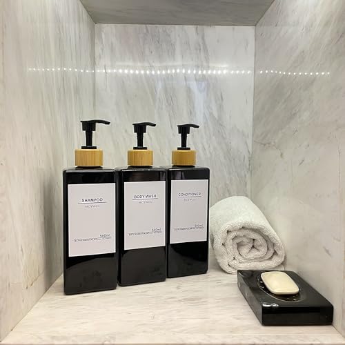 Shampoo Dispenser for Shower Wall, Shampoo and Conditioner Dispenser with 16 Waterproof Labels, No Drill Shower Soap Dispenser Bathroom, Shower Soap Dispenser Wall Mounted, 17oz, Bamboo(Black) - color: Black Bottle + Bamboo Pump