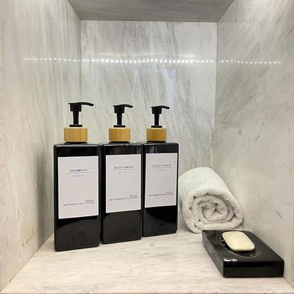 Shampoo Dispenser for Shower Wall, Shampoo and Conditioner Dispenser with 16 Waterproof Labels, No Drill Shower Soap Dispenser Bathroom, Shower Soap Dispenser Wall Mounted, 17oz, Bamboo(Black) - color: Black Bottle + Bamboo Pump