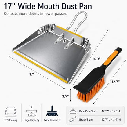 17" Heavy Duty Metal Dust Pan with Brush Set, Large Wide Mouth Dustpan with Stiff Bristle Cleaning Brush for Garage, Yard, Fireplace Ash, Wood Stove, Workshop and Outdoor Cleanup, Silver - size: 1 Count (Pack of 1) with Brush