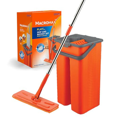Macromax Flat Mop and Bucket Set – 100% Microfiber Mop with Dual Wet & Dry Use – Slim Design for Corners & Under Furniture – Easy-Squeeze Bucket for Hardwood, Tile & Laminate Floors - style: Flat Mop Set