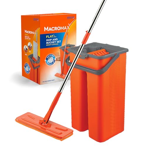 Macromax Flat Mop and Bucket Set – 100% Microfiber Mop with Dual Wet & Dry Use – Slim Design for Corners & Under Furniture – Easy-Squeeze Bucket for Hardwood, Tile & Laminate Floors - style: Flat Mop Set