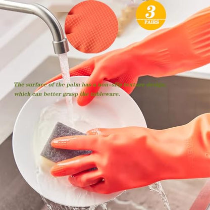 3 Pairs Household Extra Long Kitchen Gloves for Washing Dishes，20.05inches Rubber Cleaning Gloves，Reusable Latex Living Wash Gloves，Long Sleeves(Medium, Red) - size: Medium