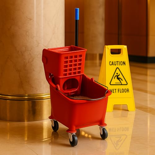 Red 35-Quart Commercial Mop Bucket with Side-Press Wringer – Heavy-Duty Cleaning System for Restaurants, Hotels, Schools, Offices, and Industrial Floor Maintenance - color: Red