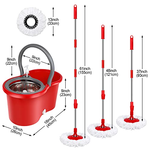 Spin Mop and Bucket with Wringer Set, 360° Spinning Mop Bucket System with 3 Microfiber Mop Replacement Heads and 61" Stainless Steel Adjustable Handle for Floor Cleaning (20QT) - color: Red