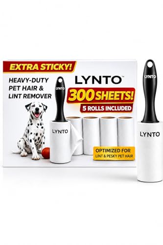 Extra Sticky Pet Hair Lint Roller — 300-Sheet Value Set with Upgraded Handle and 5 Rolls, Powerful Portable Hair Remover for Clothes, Furniture, Couches, Dogs & Cats