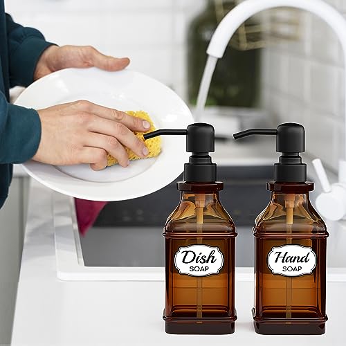 LMQML Soap Dispenser - 2 Pack, Antique Design Thick Amber Glass Hand Soap Dispensers with Sturdy Tray; 304 Rust Proof Stainless Steel Black Pump, 12Pcs Stickers, for Kitchen, Bathroom- Black - color: Brushed-black