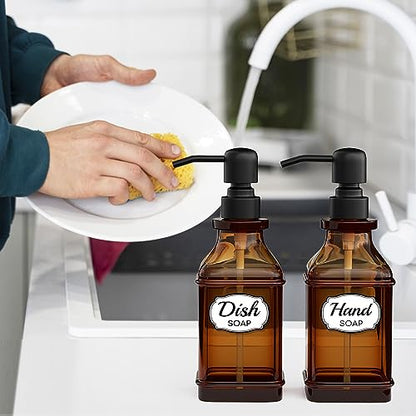 LMQML Soap Dispenser - 2 Pack, Antique Design Thick Amber Glass Hand Soap Dispensers with Sturdy Tray; 304 Rust Proof Stainless Steel Black Pump, 12Pcs Stickers, for Kitchen, Bathroom- Black - color: Brushed-black
