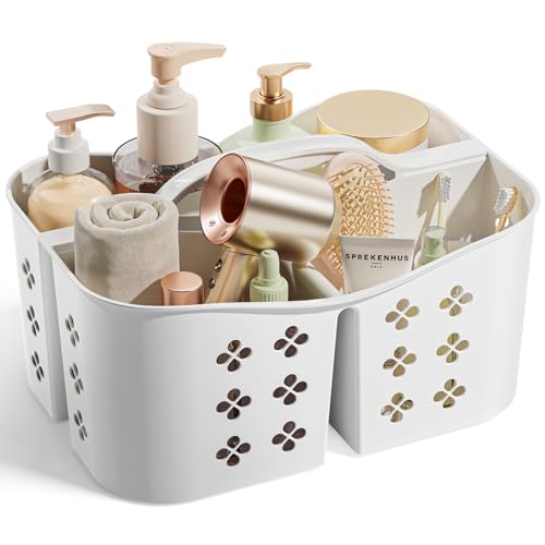 Portable Shower Caddy with Handle, Large Capacity Shower Basket Organizer, Quick-Drain Bathroom Storage Tote, Durable Plastic Shower Organizer for College Dorm, Beach, Gym, Travel Essentials, White - color: White
