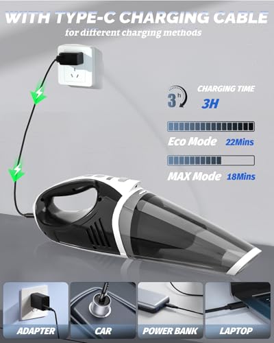 BRL Handheld Vacuum Cordless, Car Vacuum Cleaner with Powerful Suction, 2 Modes Mini Hand Vacuum, Dry & Wet, LED Light, Portable Vacuum for Car Pet Hair, Home, Office, Keyboards White Sliver