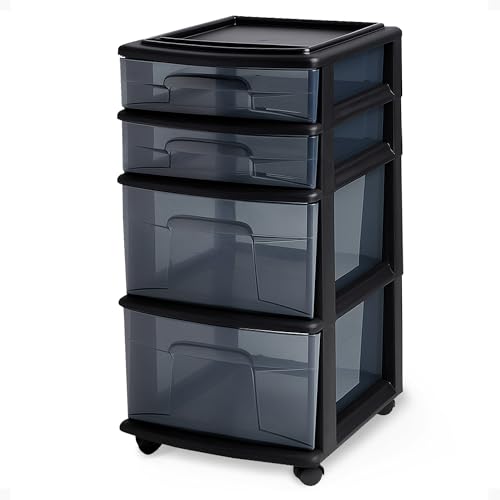 HOMZ Drawer Tower, 4-Tier Clear Plastic Storage Organizer Cart, Black Frame - Rolling Drawer Containers with Wheels for Bathroom, Bedroom, Office, and Classroom Organization - color: Black Frame/Smoke Drawers, size: 1 Pack
