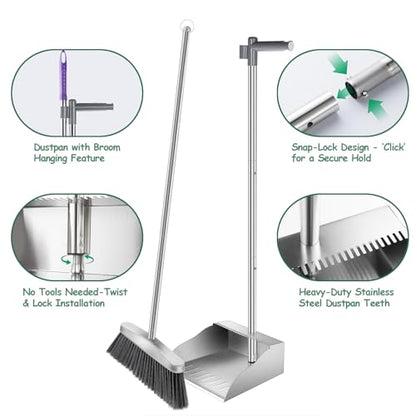 Metal Broom with Dustpan Combo Set-Long Handle Broom with Dustpan,Heavy Duty Standing Dust Pan & Soft Bristles Brooms,Indoor Outdoor Dust Pan Brooms for Home Office Lobby Floor - size: Dustpan and broom 36*35 in