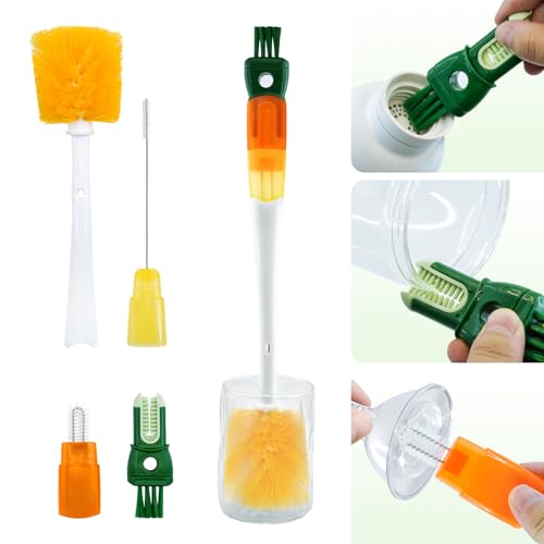 5-in-1 Bottle Brush Set (1Pc Orange), Long Handle Bottle Cleaning Brush Straw Brush Nipple Brush Hard-Corner Brush for Sports Water Bottles Caps Mugs Glasswares Tumblers Wine Decanters - color: Orange