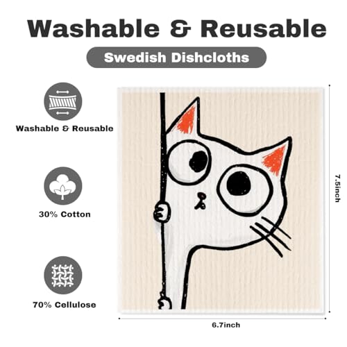 5 Pcs Cartoon Cute Peeking Kitten Swedish Dishcloths, Kitty Swedish Dishcloth, Funny Cat Dish Cloths for Drying Dishes, Reusable Cleaning Cloths, Cat Lover Gifts for Women 1 - color: Lm 03432