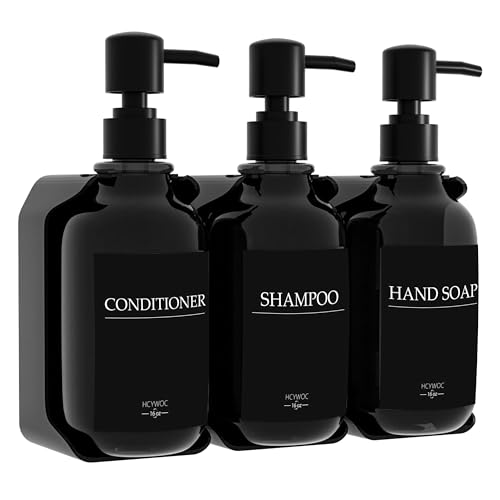 Shampoo and Conditioner Dispenser, Shower Soap Dispenser with 16 Waterproof Labels, Shampoo Dispenser for Shower Wall, Shower Dispenser 3 Chamber No Drill, 17oz, Black - color: Black Bottle + Black Pump