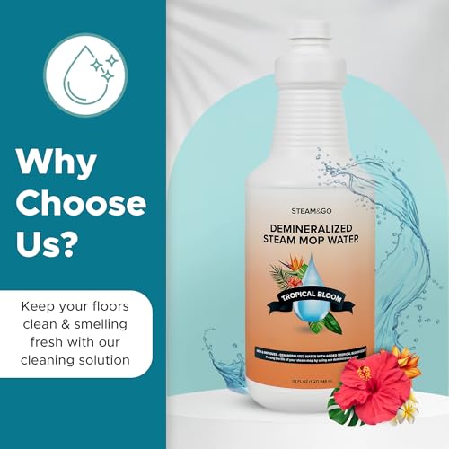 Steam & Go Demineralized Water for Steam Mop – Tropical Bloom Scent, 32 oz (Pack of 12)| Scented Floor Cleaner Solution, Ready-to-Use, Compatible with Any Steam Cleaner - size: 32 Fl Oz (Pack of 12)