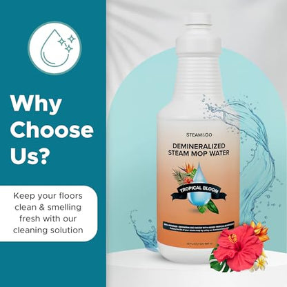 Steam & Go Demineralized Water for Steam Mop – Tropical Bloom Scent, 32 oz (Pack of 12)| Scented Floor Cleaner Solution, Ready-to-Use, Compatible with Any Steam Cleaner - size: 32 Fl Oz (Pack of 12)