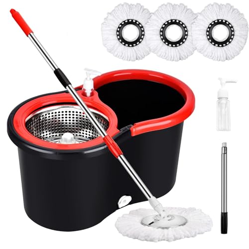 Mop Bucket with Wringer Set, 360 Rotation Mop Bucket Systerm for Floor Cleaning with 3 Microfiber Mop Head for Office and Home Use, Black (20QT) - color: Black Red