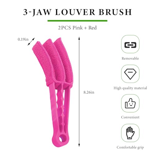 DXNQ 2 PCS Blind Cleaner Duster Tool, Window Venetian Hand-held 3 Arm Dusting Cleaner Brush, Blinds Cleaning Brush Tool for Window Shutters Air Conditioner, Car Accessories (Red+Pink) - color: Red+pink