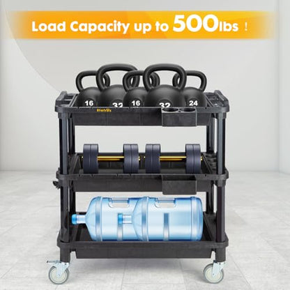 ELAFROS Multi-Use Rolling Cart with Power Strip – Industrial-Grade Plastic Utility Cart with 3 Deep Plastic Shelves, 500 lbs Capacity, 32.4"x18.3", Work cart, Black - style: With Power Strip