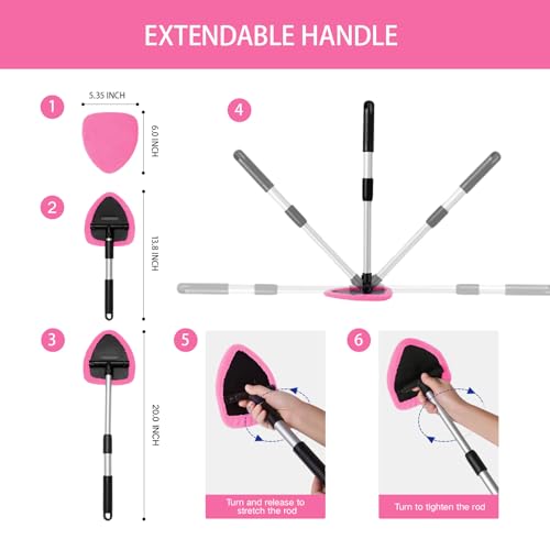 Qydipclin 10pcs Windshield Cleaner Tool, Car Window Cleaning Wash Kit with 4 Reusable Microfiber Pads 1 Spray Bottle and Extendable Handle Auto Glass Wiper Kit, Pink - color: Pink