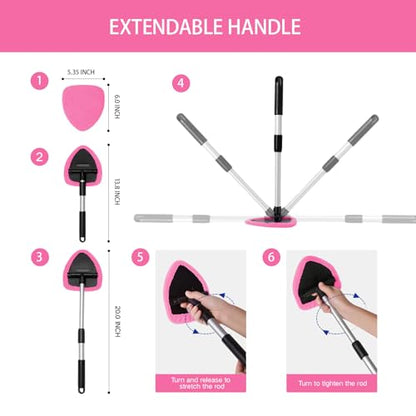 Qydipclin 10pcs Windshield Cleaning Tool Inside Car Window Cleaner Wash Kit with 4 Reusable Microfiber Pads 1 Spray Bottle and Extendable Handle Interior Auto Glass Wiper Kit, Pink - color: Pink