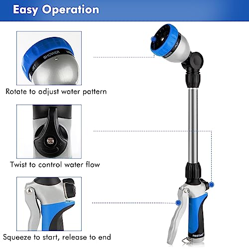 RESTMO Metal Watering Wand, Heavy Duty Garden Hose Wand with 180° Swivel Ratcheting Head, 16'' Hose Nozzle Sprayer with 7 Spray Patterns and Flow Control, for Water Hanging Baskets and Shrubs, Blue - color: Blue