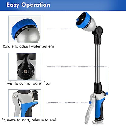 RESTMO Metal Watering Wand, Heavy Duty Garden Hose Wand with 180° Swivel Ratcheting Head, 16'' Hose Nozzle Sprayer with 7 Spray Patterns and Flow Control, for Water Hanging Baskets and Shrubs, Blue - color: Blue