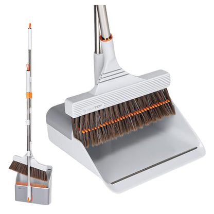 Broom and Dustpan Set with Adjustable Handle, Upright Design, Built-in Comb Teeth, Mint Green, for Home Office Hardwood Floors Pet Hair (Silver/Gray) - color: Silver/Gray