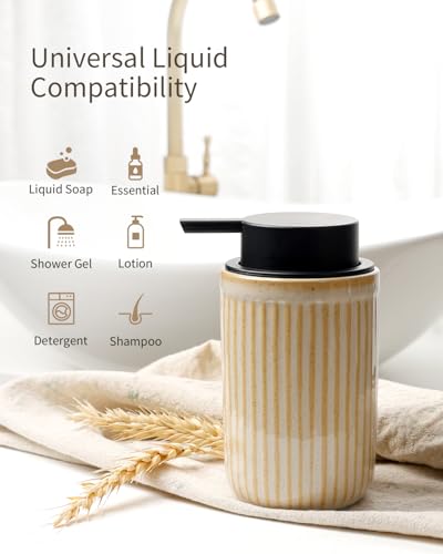 BosilunLife Dish Hand Soap Dispenser - Liquid Pump Soap Dispenser for Bathroom Deco 12oz Ceramic Kitchen Dish Dispenser with Rust-Proof Liquid Pump Modern Refillable Lotion Bottles, Greige - color: Greige Lotion Pump