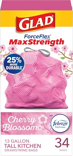 Glad Tall Kitchen Trash Bags 13 Gallon, MaxStrength Cherry Blossom Garbage Bags, Odorshield with Drawstring, 34 Count - size: 34 Count (Pack of 1)
