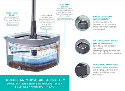 True & Tidy True Clean Spin Mop & Bucket System – Dual Compartment Design for Clean & Dirty Water, 360° Swivel Mop Head, Built-in Scrubbing Brush, Stainless Steel Handle & 2 Reusable Microfiber Pads - size: Spin Mop Standard