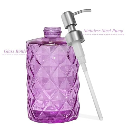 12Oz Purple Glass Soap Dispenser with Stainless Steel Pump, Refillable Kitchen Liquid Hand Soap Dispenser with Diamond Design, for Dispense Hand soap, Dish Soap, Lotion, Bathroom, Countertop, Hotel - color: Purple Diamond