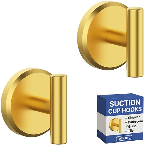 HOME SO Suction Cup Hooks for Shower & Bathroom Towel Holder 2-Pack – Suction Cups Hooks for Hanging Towels, Robes, & Coats - Tiles, Glass Door or Mirror – Shower Hooks & Towel Hooks - Gold T-Shape - style: Brushed Gold