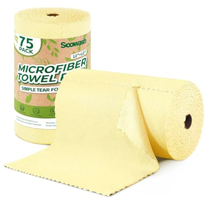Microfiber Cleaning Cloths Roll, 75 Pack Tear Away Microfiber Towels Roll, 12" x 12" Lint Free Rags, Reusable Cleaning Cloths, Washable, Scratch Free,Ultra Absorbent Dish Rags(Yellow) - color: Yellow, size: 75 pack