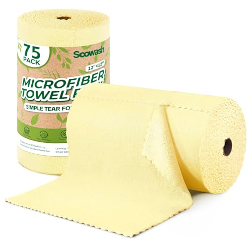 Microfiber Cleaning Cloths Roll, 75 Pack Tear Away Microfiber Towels Roll, 12" x 12" Lint Free Rags, Reusable Cleaning Cloths, Washable, Scratch Free,Ultra Absorbent Dish Rags(Yellow) - color: Yellow, size: 75 pack
