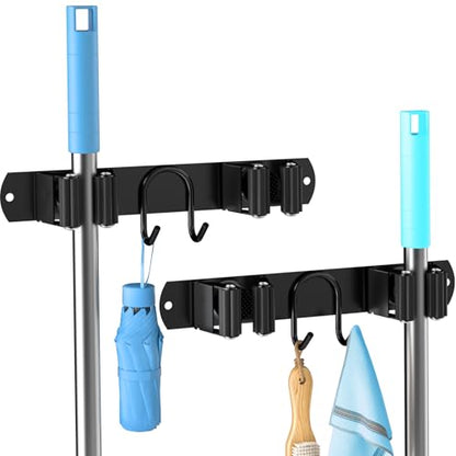 Broom Holder Wall Mount, 2-Pack Stainless Steel Mop and Broom Organizer, Broom Hanger with 2 Slots 2 Hooks for Home Kitchen, Garage, Garden and Laundry Room, Black - color: Black-2 Pack