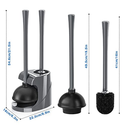 Toilet Plunger and Brush, Bowl Brush and Heavy Duty Toilet Plunger Set with Ventilated Holder, 2-in-1 Bathroom Cleaning Combo with Modern Caddy Stand for 5.7-inch Toilet Drain(Grey, 2 Set) - color: Gray