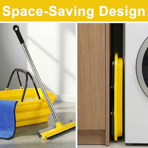 2 in 1 Car Window Squeegee and Collapsible Bucket Set,Long Handle,Yellow - color: Yellow