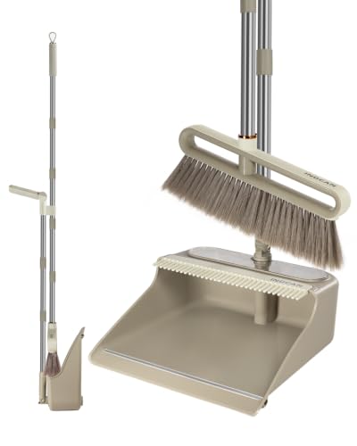 INDCAN Broom and Dustpan Set with 52" Adjustable Long Handle, Upright Standing Dustpan with Comb Teeth, Foldable Dustpan, Angled Broom Head for Corners, Indoor Floor Sweeping Set (Santra Lite) - color: Sandstone Beige