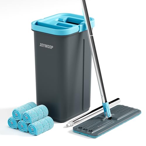JOYMOOP Mop and Bucket Set with Wringer, with 5 Reusable Microfiber Mop Pads, Mops for Floor Cleaning and Wall Cleaning, Hands-Free Flat Mop for Home Use - Grey+Cyan Blue - color: Turquoise-cyan & Muted Grey, size: Bucket #13 + 60" Flat Mop + 5 Pads