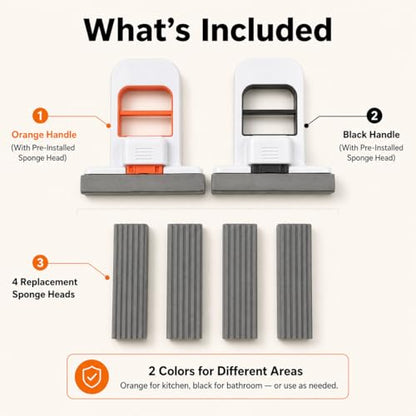 Foldable Self-Squeezing Mop, 2-Pack with 4 Washable Heads, One-Hand Wringing for Kitchen & Bathroom, Portable Floor Cleaner for Small Spaces, Apartments, RVs (Orange & Black)