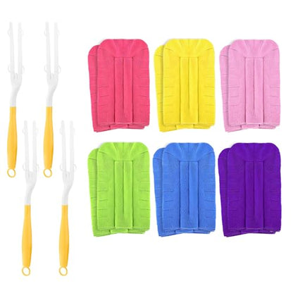 12PCS Fleece Reusable Duster Refills with 4 Handles, Washable Cleaning Pads in 6 Colors, 360° Dust Cleaning Brush for Home, Blinds, Car, Furniture, Fans, Wet & Dry Use