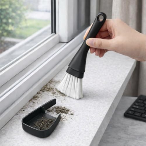 Crevice Cleaning Brush with Dustpan, Mini Dust Pans for Window Tracks, Sliding Door Rails, Scrubber Cleaning Tool for Key Board, Black - color: Black