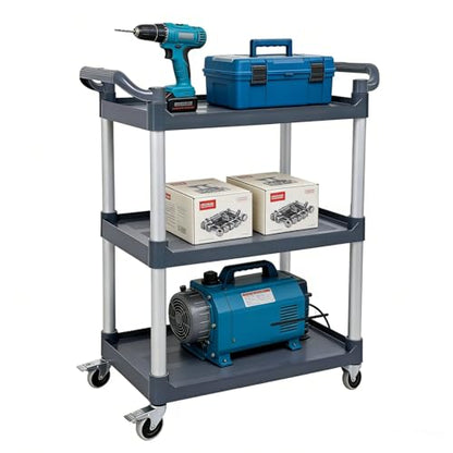 3 Tier Utility Cart with Handle 500 lbs Load Capacity Heavy Duty Serving Cart with Wheels for Kitchen Warehouse Garage Restaurant, Plastic Rolling Trolley Utility Shelf for Storage, Gray