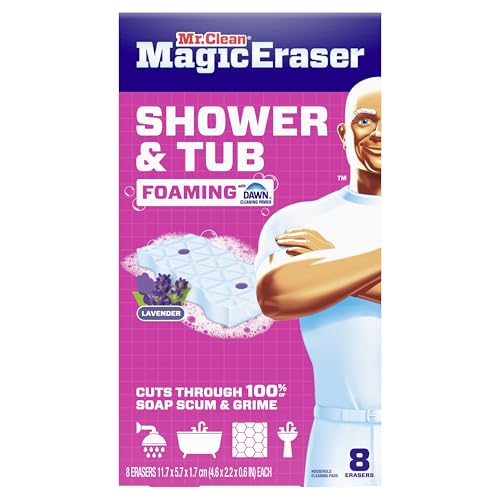 Mr. Clean Magic Eraser Sponge, Bathroom, Shower, Tub Cleaner, Soap Scum Remover, Bathroom Cleaning Supplies, Dawn Cleaning Power with Lavender Scent, Shower & Tub, 8ct - size: 1 Count (Pack of 8), style: Upgraded Version