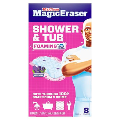 Mr. Clean Magic Eraser Sponge, Bathroom, Shower, Tub Cleaner, Soap Scum Remover, Bathroom Cleaning Supplies, Dawn Cleaning Power with Lavender Scent, Shower & Tub, 8ct - size: 1 Count (Pack of 8), style: Upgraded Version