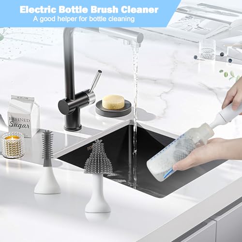 Electric Baby Bottle Brush Set with Rechargeable Electric Bottle Brush Cleaner and Replaceable Silicone Bottle Brushes and Straw Brush Cleaner, Waterproof Multi-Purpose Cleaning Brush (White) - color: White